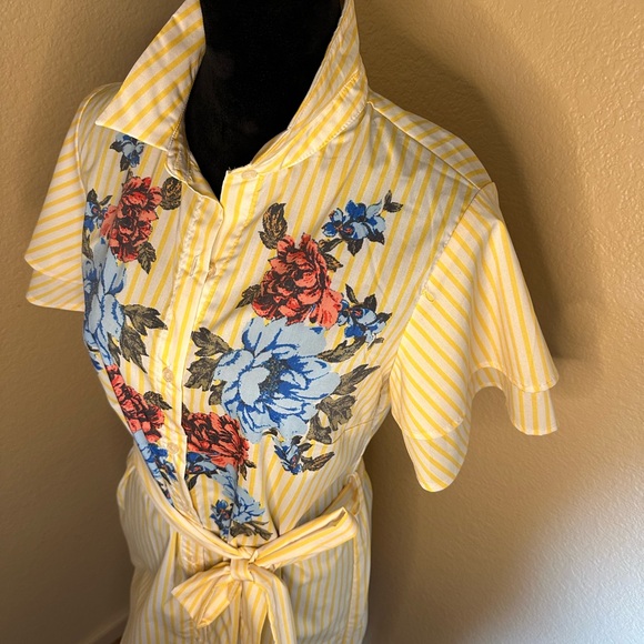 Jealous Tomato Button Down Yellow & White Floral Print Striped Shirt Dress - Picture 4 of 4